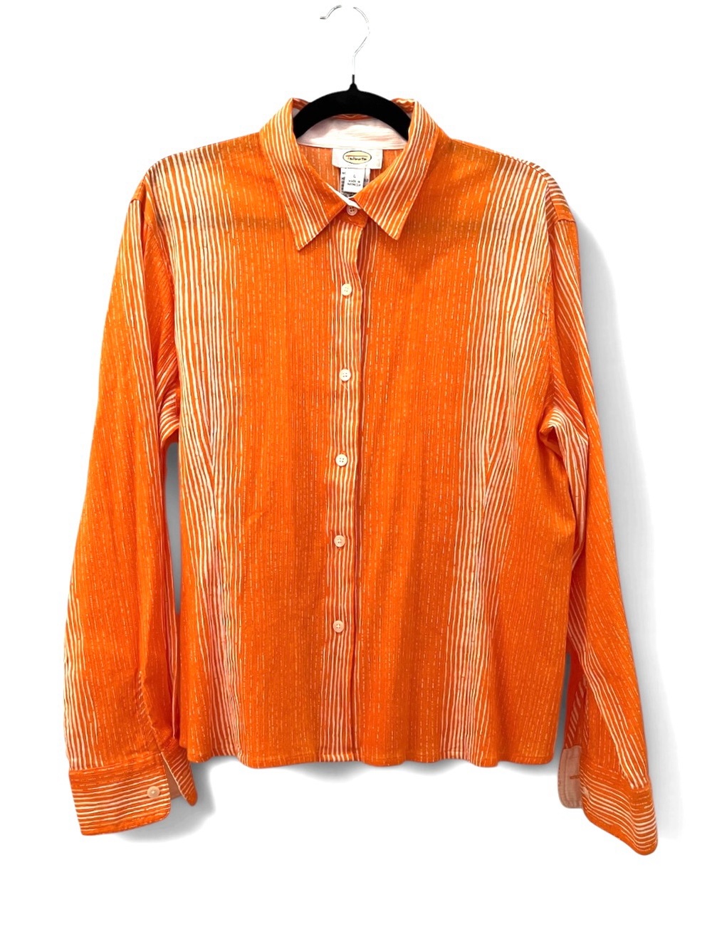 NWOT Talbots 100% Cotton Plissé Crinkle Stripe Orange White Button-Down Shirt L
